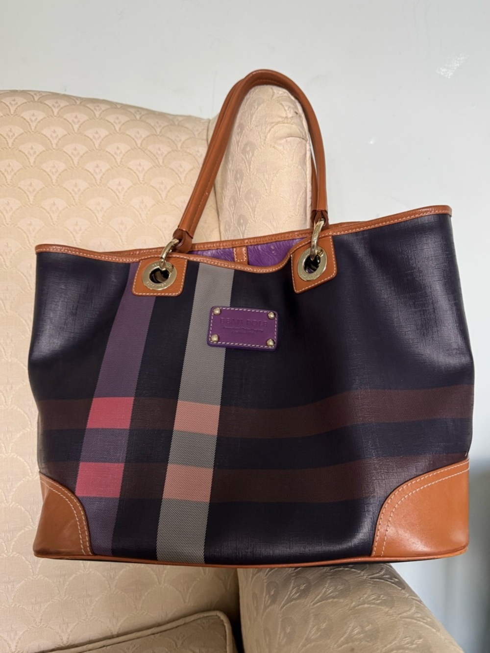 Bean Pole Purple & Tan Canvas Check Tote Bag